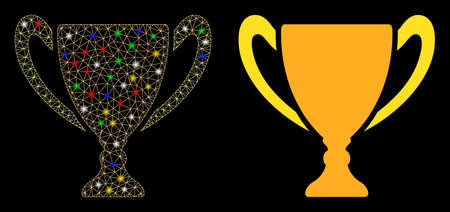 Flare mesh goblet cup icon with sparkle effect. Abstract illuminated model of goblet cup. Shiny wire carcass triangular mesh goblet cup icon. Vector abstraction on a black background.のイラスト素材