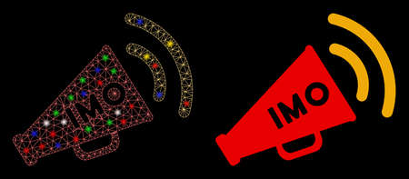 Bright mesh IMO megaphone alert icon with glitter effect. Abstract illuminated model of IMO megaphone alert. Shiny wire frame triangular mesh IMO megaphone alert icon.のイラスト素材