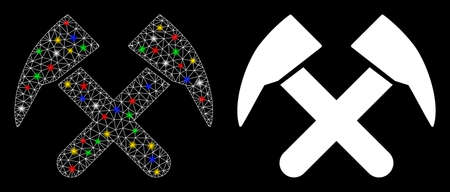 Glowing mesh job hammers icon with glare effect. Abstract illuminated model of job hammers. Shiny wire frame triangular network job hammers icon. Vector abstraction on a black background.のイラスト素材