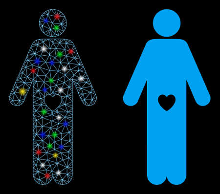 Glossy mesh lover guy icon with lightspot effect. Abstract illuminated model of lover guy. Shiny wire frame polygonal mesh lover guy icon. Vector abstraction on a black background.のイラスト素材