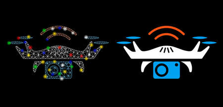 Glossy mesh photo spy drone icon with glare effect. Abstract illuminated model of photo spy drone. Shiny wire carcass polygonal mesh photo spy drone icon. Vector abstraction on a black background.のイラスト素材