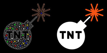 Flare mesh TNT bomb icon with sparkle effect. Abstract illuminated model of TNT bomb. Shiny wire...