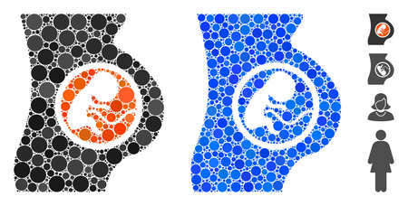 Pregnant woman mosaic of filled circles in variable sizes and color tones, based on pregnant woman icon. Vector small circles are grouped into blue mosaic.のイラスト素材