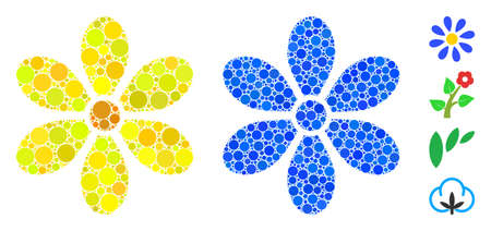 Flower composition of round dots in different sizes and shades, based on flower icon. Vector round elements are composed into blue composition. Dotted flower icon in usual and blue versions.のイラスト素材