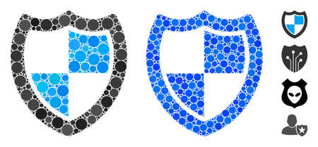 Protection shield composition of small circles in various sizes and color tones, based on protection shield icon. Vector small circles are composed into blue composition.のイラスト素材