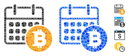 Bitcoin calendar mosaic of small circles in variable sizes and shades, based on Bitcoin calendar icon. Vector small circles are united into blue mosaic.のイラスト素材
