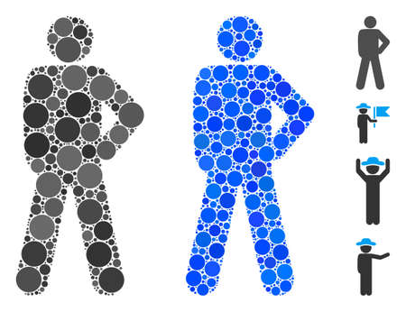 Audacity pose mosaic of small circles in various sizes and color hues, based on audacity pose icon. Vector small circles are combined into blue mosaic.のイラスト素材