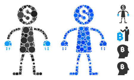 Bank robot mosaic of filled circles in various sizes and color tinges, based on bank robot icon. Vector random circles are combined into blue mosaic. Dotted bank robot icon in usual and blue versions.のイラスト素材