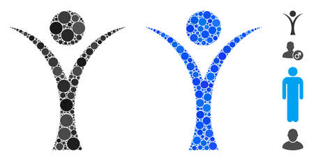 Abstract man mosaic of small circles in different sizes and shades, based on abstract man icon. Vector filled circles are organized into blue mosaic.のイラスト素材