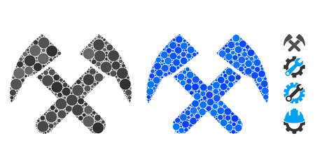 Job hammers composition of round dots in various sizes and color tinges, based on job hammers icon. Vector round dots are united into blue collage. Dotted job hammers icon in usual and blue versions.のイラスト素材