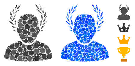 Caesar composition of circle elements in various sizes and color tones, based on caesar icon. Vector circle elements are organized into blue collage. Dotted caesar icon in usual and blue versions.のイラスト素材