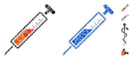 Injection mosaic of filled circles in various sizes and color tinges, based on injection icon. Vector filled circles are composed into blue mosaic. Dotted injection icon in usual and blue versions.のイラスト素材