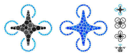 Nanocopter composition of spheric dots in variable sizes and color tints, based on nanocopter icon. Vector dots are united into blue composition. Dotted nanocopter icon in usual and blue versions.のイラスト素材