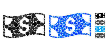 Waving dollar banknote mosaic of round dots in different sizes and shades, based on waving dollar banknote icon. Vector dots are organized into blue composition.のイラスト素材