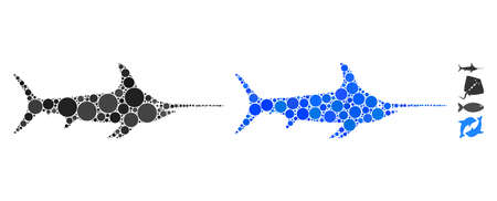 Sword fish mosaic of small circles in variable sizes and shades, based on sword fish icon. Vector random circles are combined into blue composition. Dotted sword fish icon in usual and blue versions.のイラスト素材