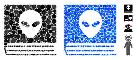 Alien catalog mosaic of round dots in various sizes and shades, based on alien catalog icon. Vector round elements are grouped into blue mosaic. Dotted alien catalog icon in usual and blue versions.のイラスト素材