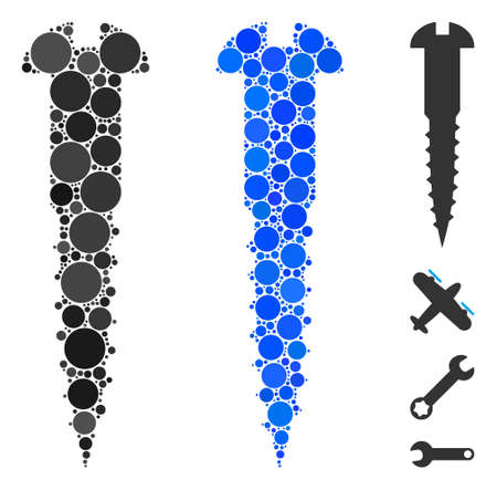 Screw mosaic of round dots in different sizes and color tints, based on screw icon. Vector round dots are combined into blue mosaic. Dotted screw icon in usual and blue versions.のイラスト素材