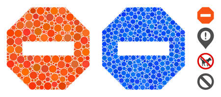 Stop sign mosaic of small circles in different sizes and color tints, based on stop sign icon. Vector random circles are composed into blue mosaic. Dotted stop sign icon in usual and blue versions.のイラスト素材