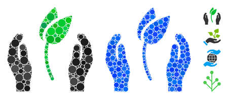 Sprout care hands composition of filled circles in variable sizes and color tints, based on sprout care hands icon. Vector filled circles are combined into blue illustration.のイラスト素材
