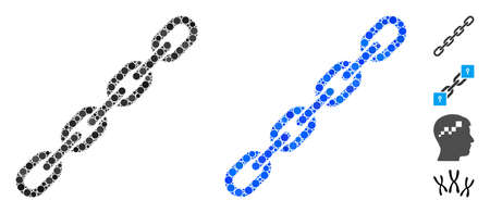 Chain mosaic of round dots in various sizes and color hues, based on chain icon. Vector round dots are composed into blue mosaic. Dotted chain icon in usual and blue versions.のイラスト素材