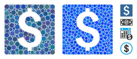 Finance mosaic of small circles in different sizes and color tints, based on finance icon. Vector small circles are organized into blue illustration. Dotted finance icon in usual and blue versions.のイラスト素材