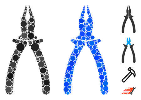 Pliers mosaic of small circles in variable sizes and shades, based on pliers icon. Vector small circles are united into blue composition. Dotted pliers icon in usual and blue versions.のイラスト素材