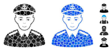 Captain mosaic of filled circles in variable sizes and shades, based on captain icon. Vector filled circles are grouped into blue mosaic. Dotted captain icon in usual and blue versions.のイラスト素材