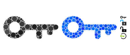 Key mosaic of circle elements in different sizes and color tones, based on key icon. Vector round elements are grouped into blue mosaic. Dotted key icon in usual and blue versions.のイラスト素材