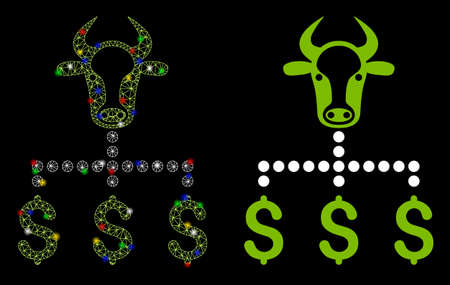 Glossy mesh cow dollar links icon with glare effect. Abstract illuminated model of cow dollar links. Shiny wire frame polygonal mesh cow dollar links icon. Vector abstraction on a black background.のイラスト素材