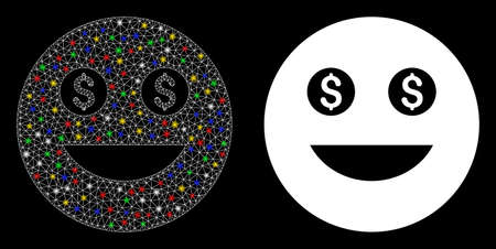 Glowing mesh money smiley icon with sparkle effect. Abstract illuminated model of money smiley. Shiny wire frame triangular mesh money smiley icon. Vector abstraction on a black background.のイラスト素材