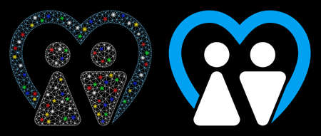 Glowing mesh marriage icon with glare effect. Abstract illuminated model of marriage. Shiny wire frame triangular mesh marriage icon. Vector abstraction on a black background.のイラスト素材