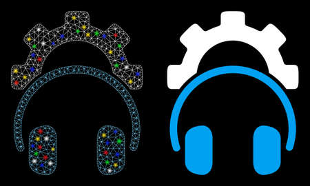 Glossy mesh headphones configuration gear icon with lightspot effect. Abstract illuminated model of headphones configuration gear.のイラスト素材