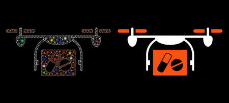 Bright mesh medical quadcopter icon with glow effect. Abstract illuminated model of medical quadcopter. Shiny wire frame polygonal mesh medical quadcopter icon.のイラスト素材