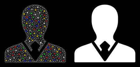 Bright mesh manager icon with glitter effect. Abstract illuminated model of manager. Shiny wire frame polygonal mesh manager icon. Vector abstraction on a black background.のイラスト素材