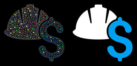 Flare mesh helmet and dollar icon with lightspot effect. Abstract illuminated model of helmet and dollar. Shiny wire frame polygonal mesh helmet and dollar icon.のイラスト素材