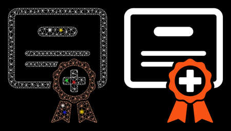 Glowing mesh medical certificate icon with lightspot effect. Abstract illuminated model of medical certificate. Shiny wire carcass polygonal mesh medical certificate icon.のイラスト素材