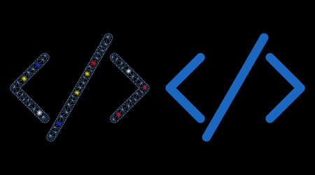 Flare mesh HTML code icon with glow effect. Abstract illuminated model of HTML code. Shiny wire...