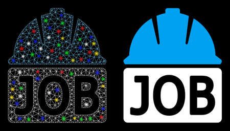 Glowing mesh job icon with glow effect. Abstract illuminated model of job. Shiny wire frame triangular mesh job icon. Vector abstraction on a black background.のイラスト素材