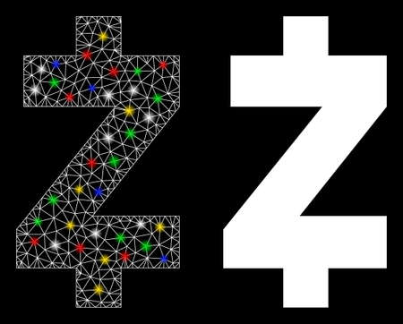 Glossy mesh Zcash icon with glitter effect. Abstract illuminated model of Zcash. Shiny wire frame triangular network Zcash icon. Vector abstraction on a black background.のイラスト素材