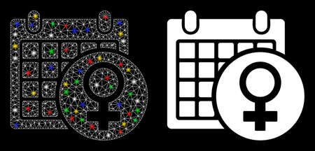Glowing mesh female calendar icon with sparkle effect. Abstract illuminated model of female calendar. Shiny wire carcass polygonal mesh female calendar icon. Vector abstraction on a black background.のイラスト素材