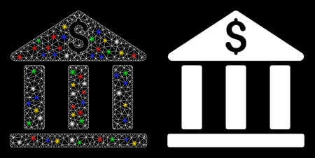 Glowing mesh bank building icon with glare effect. Abstract illuminated model of bank building. Shiny wire carcass polygonal mesh bank building icon. Vector abstraction on a black background.のイラスト素材