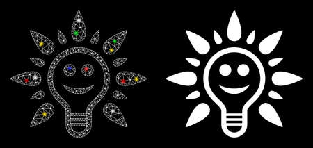 Flare mesh smile light bulb icon with glare effect. Abstract illuminated model of smile light bulb. Shiny wire carcass triangular mesh smile light bulb icon. Vector abstraction on a black background.のイラスト素材