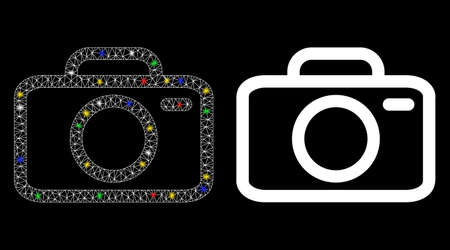 Bright mesh camera icon with sparkle effect. Abstract illuminated model of camera. Shiny wire frame triangular mesh camera icon. Vector abstraction on a black background.のイラスト素材