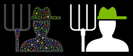 Glossy mesh farmer with pitchfork icon with glitter effect. Abstract illuminated model of farmer with pitchfork. Shiny wire carcass triangular mesh farmer with pitchfork icon.のイラスト素材