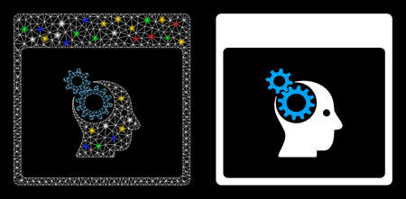 Bright mesh brain wheels calendar page icon with glitter effect. Abstract illuminated model of brain wheels calendar page. Shiny wire frame polygonal mesh brain wheels calendar page icon.のイラスト素材