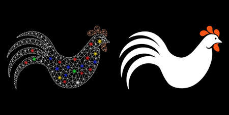 Glowing mesh chicken icon with glow effect. Abstract illuminated model of chicken. Shiny wire carcass triangular mesh chicken icon. Vector abstraction on a black background.のイラスト素材