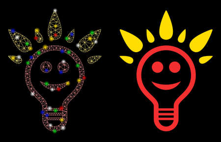Glowing mesh happy light bulb icon with glitter effect. Abstract illuminated model of happy light bulb. Shiny wire frame polygonal mesh happy light bulb icon. Vector abstraction on a black background.のイラスト素材