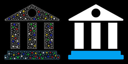 Glossy mesh bank building icon with glow effect. Abstract illuminated model of bank building. Shiny wire carcass triangular network bank building icon. Vector abstraction on a black background.のイラスト素材