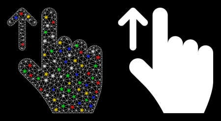 Glossy mesh direction icon with glitter effect. Abstract illuminated model of direction. Shiny wire frame polygonal mesh direction icon. Vector abstraction on a black background.のイラスト素材