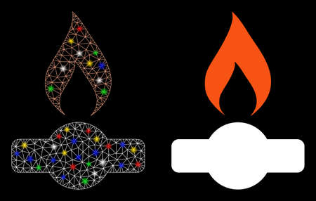 Glossy mesh gas flame icon with lightspot effect. Abstract illuminated model of gas flame. Shiny wire frame polygonal mesh gas flame icon. Vector abstraction on a black background.のイラスト素材